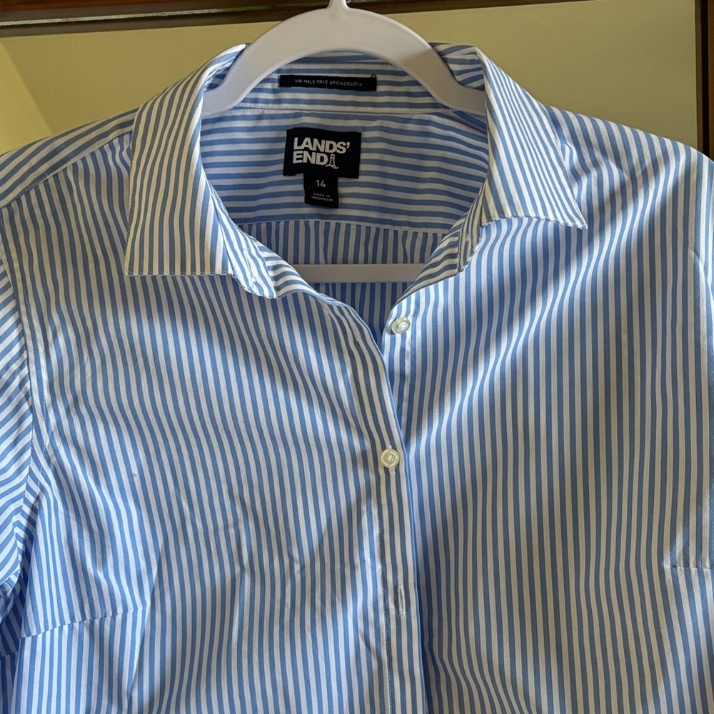 Lands' End Women’s Blue Striped Dress Shirt Size 14 VG